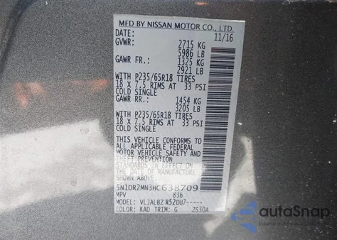 2017 Nissan Pathfinder S из США, поврежденный, VIN 5N1DR2MN3HC638709